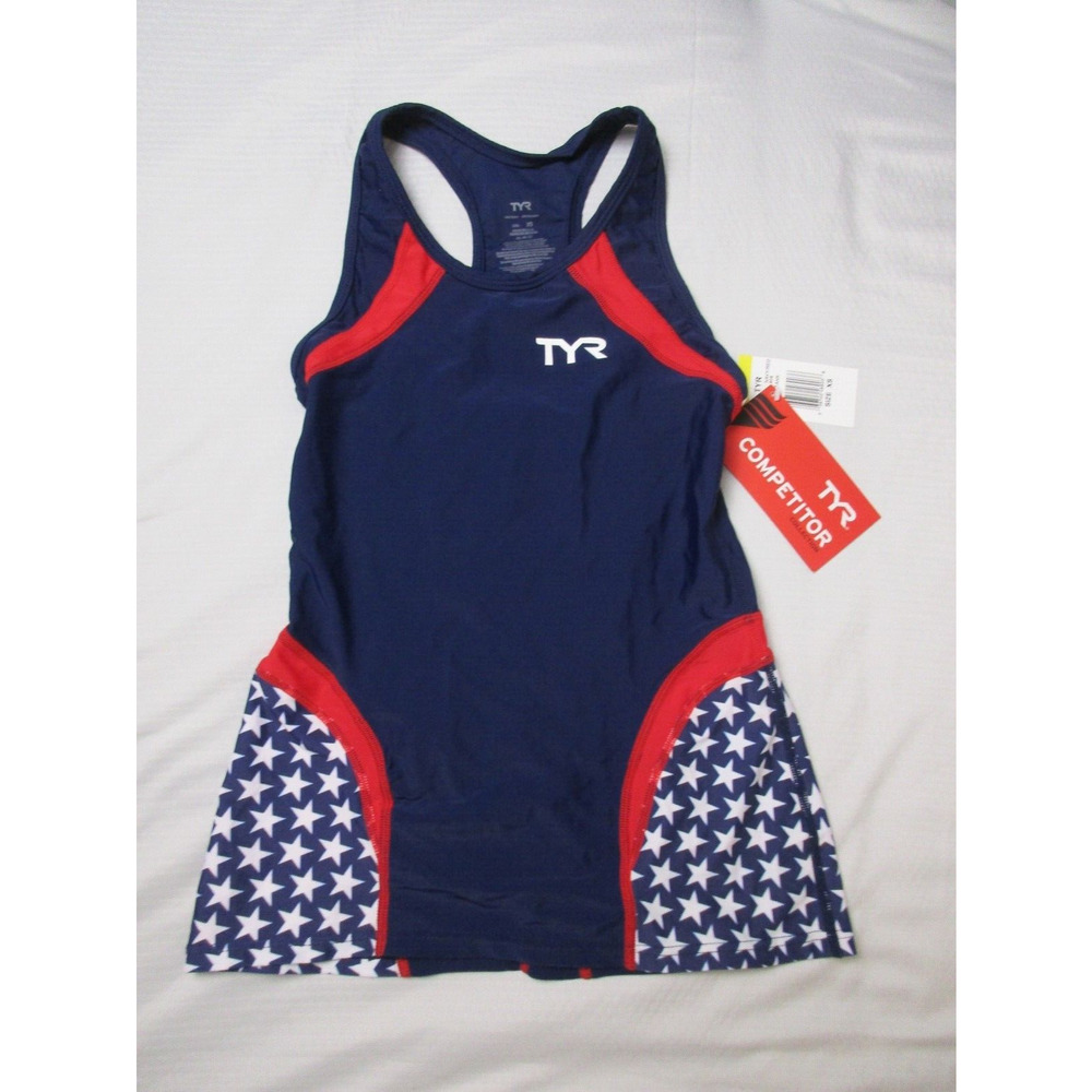 TYR Tank Top XS USA Flag Stars Navy Red Workout Running Training Made in USA